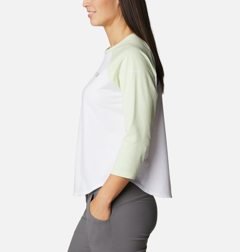 Women's Sun Trek Three-Quarter Sleeve T-Shirt, Color: White, Light Lime, Stacked Brand Graphic, image 3
