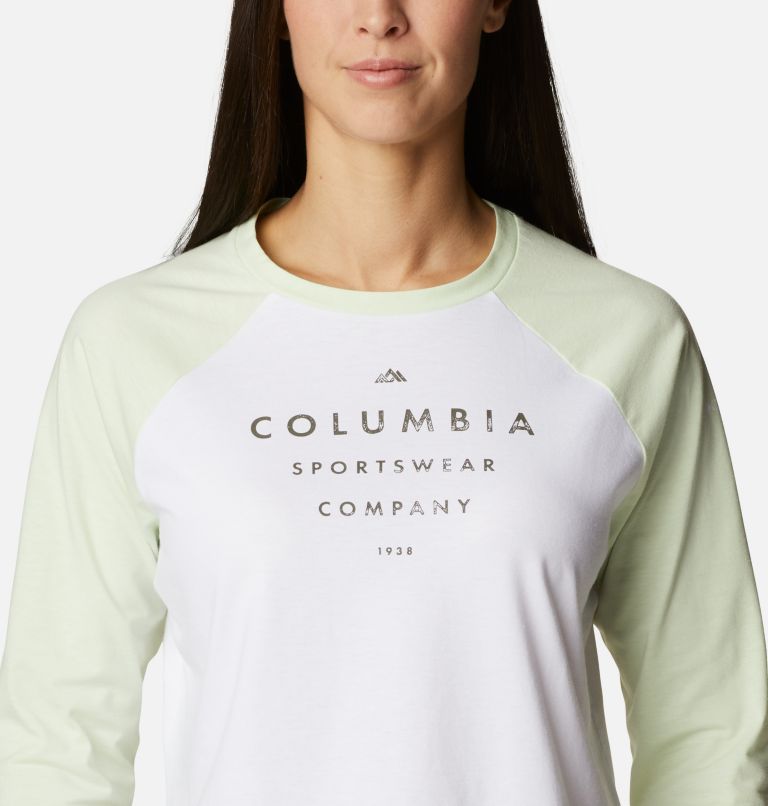 Women's Sun Trek Three-Quarter Sleeve T-Shirt, Color: White, Light Lime, Stacked Brand Graphic, image 4