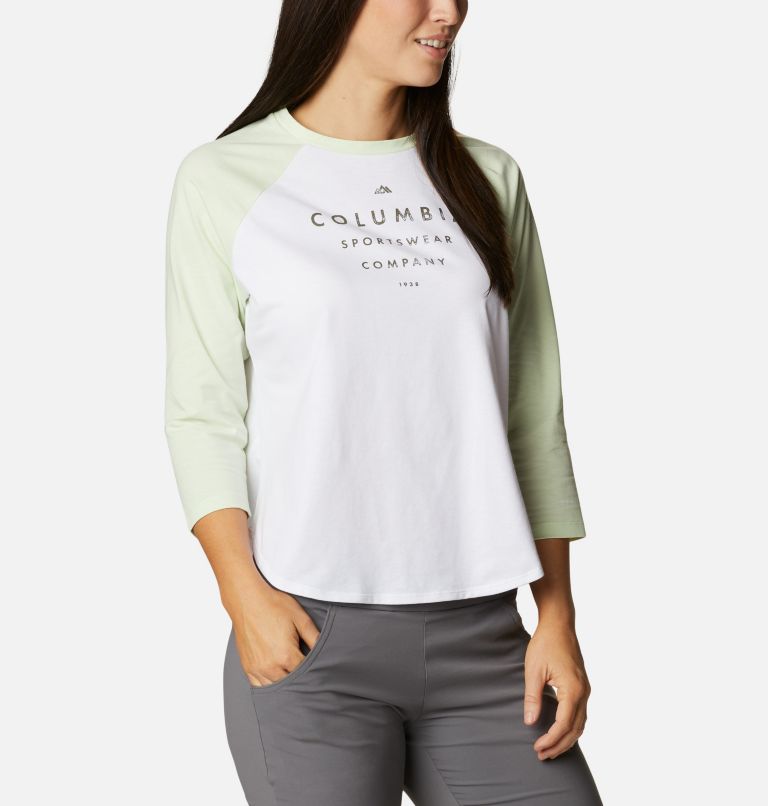 Women's Sun Trek Three-Quarter Sleeve T-Shirt, Color: White, Light Lime, Stacked Brand Graphic, image 5