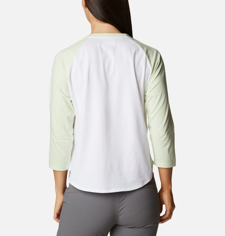 Women's Sun Trek Three-Quarter Sleeve T-Shirt, Color: White, Light Lime, Stacked Brand Graphic, image 2