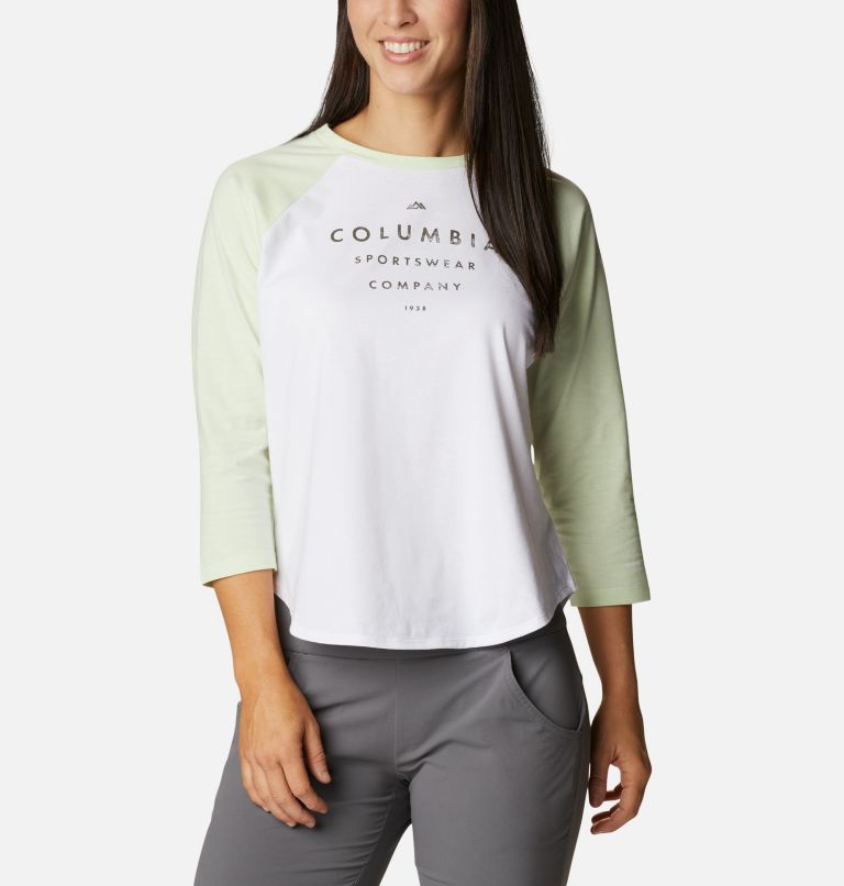 Women's Sun Trek Three-Quarter Sleeve T-Shirt, Color: White, Light Lime, Stacked Brand Graphic, image 1