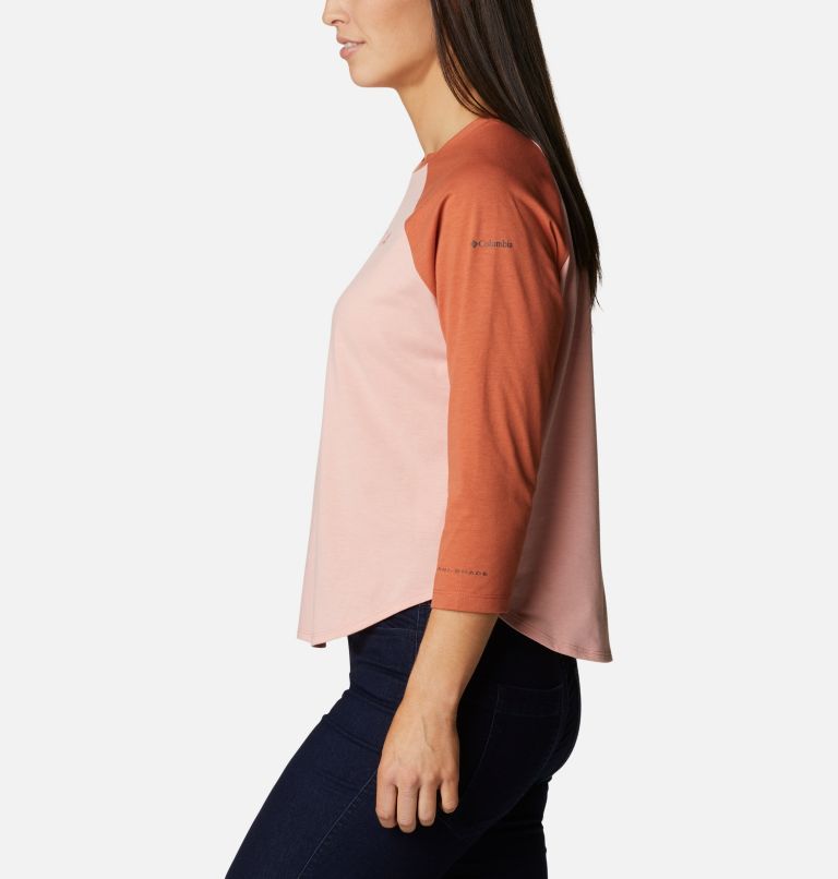 Women's Sun Trek Three-Quarter Sleeve T-Shirt, Color: Faux Pink, Teak Brown, Stacked Brand Gra, image 3