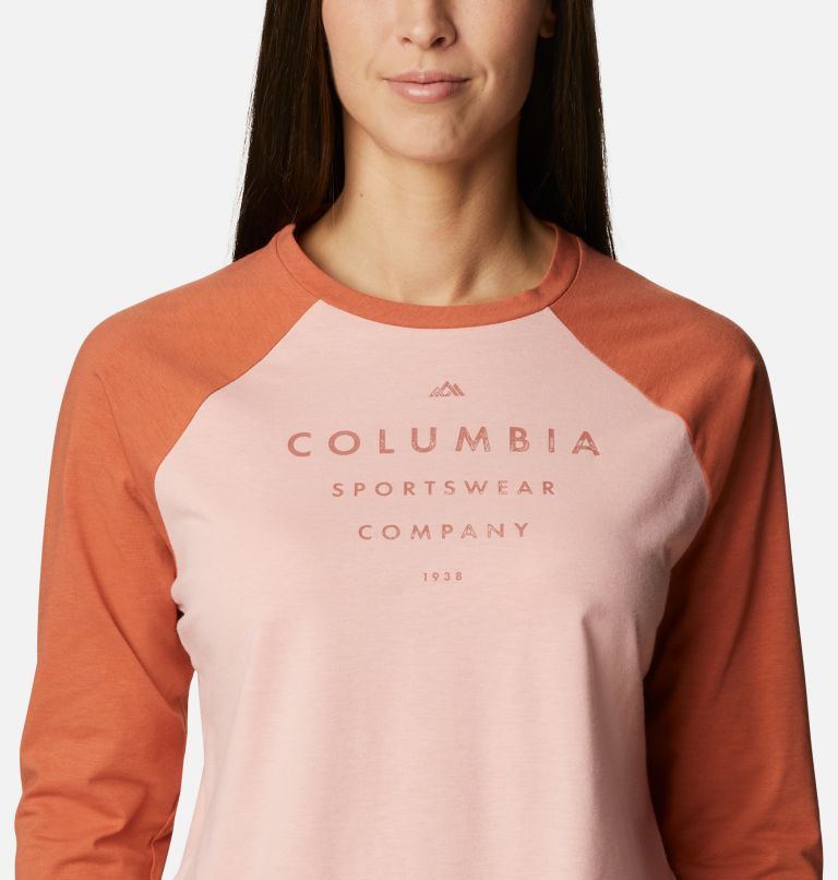 Women's Sun Trek Three-Quarter Sleeve T-Shirt, Color: Faux Pink, Teak Brown, Stacked Brand Gra, image 4