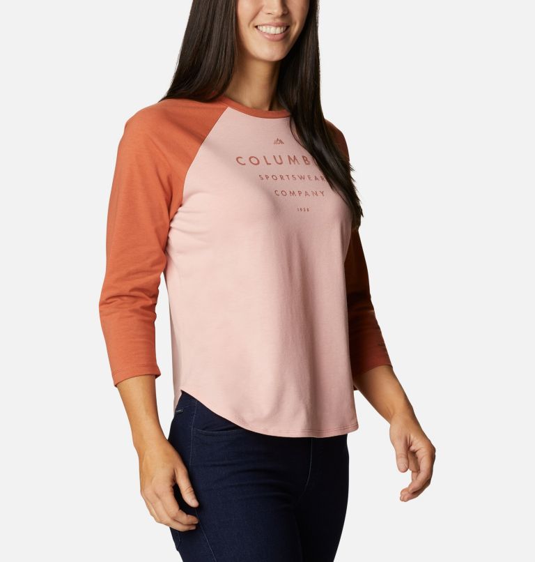 Women's Sun Trek Three-Quarter Sleeve T-Shirt, Color: Faux Pink, Teak Brown, Stacked Brand Gra, image 5