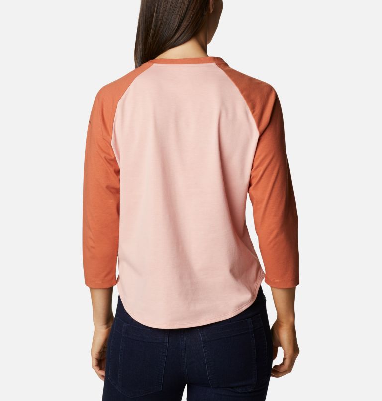 Women's Sun Trek Three-Quarter Sleeve T-Shirt, Color: Faux Pink, Teak Brown, Stacked Brand Gra, image 2