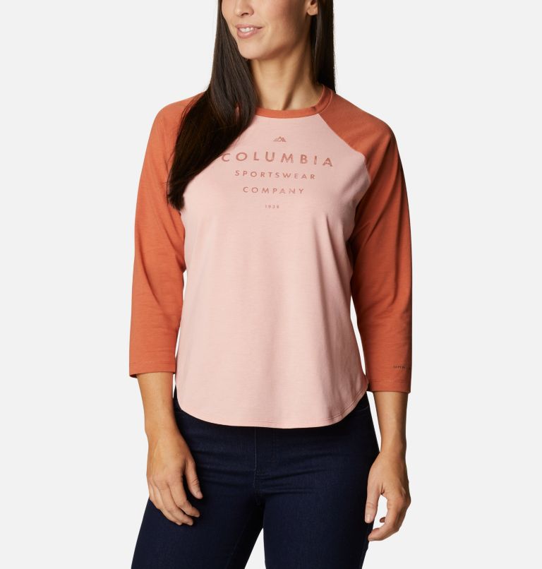 Women's Sun Trek Three-Quarter Sleeve T-Shirt, Color: Faux Pink, Teak Brown, Stacked Brand Gra, image 1