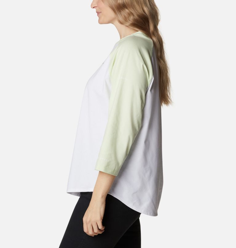 T-shirt à manches trois-quarts Sun Trek pour femme - Grandes tailles, Color: White, Light Lime, Stacked Brand Graphic, image 3