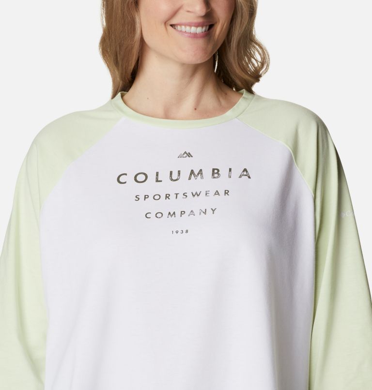 T-shirt à manches trois-quarts Sun Trek pour femme - Grandes tailles, Color: White, Light Lime, Stacked Brand Graphic, image 4