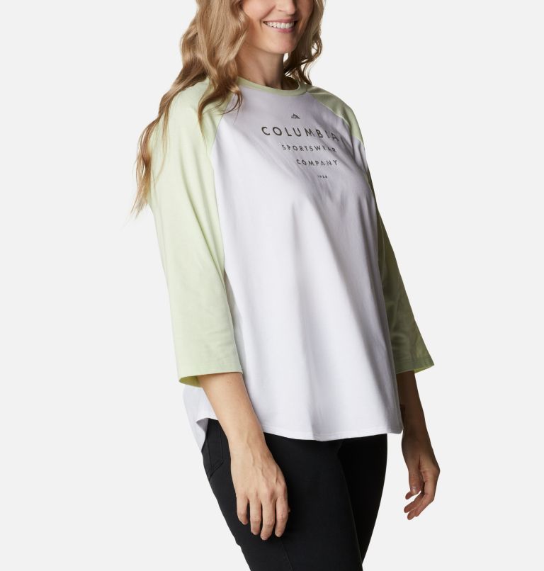 T-shirt à manches trois-quarts Sun Trek pour femme - Grandes tailles, Color: White, Light Lime, Stacked Brand Graphic, image 5