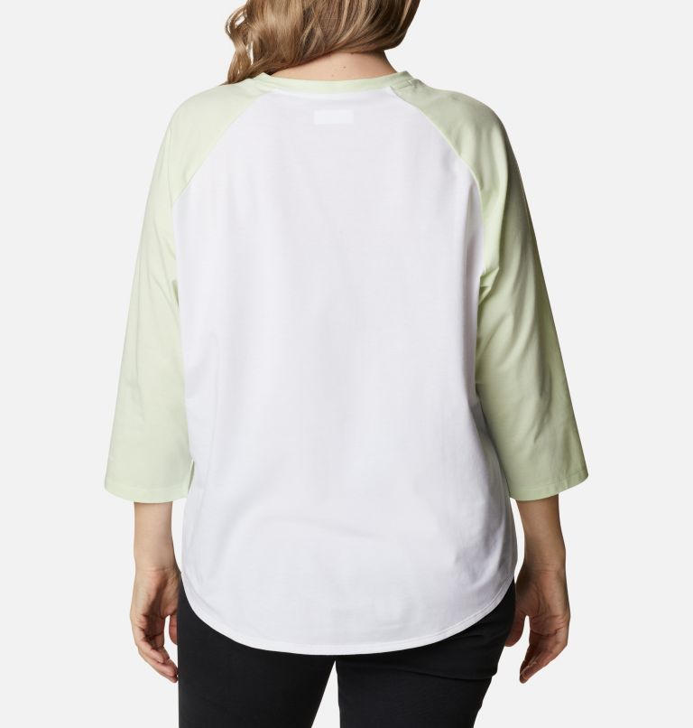T-shirt à manches trois-quarts Sun Trek pour femme - Grandes tailles, Color: White, Light Lime, Stacked Brand Graphic, image 2