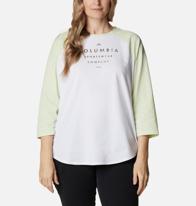 T-shirt à manches trois-quarts Sun Trek pour femme - Grandes tailles, Color: White, Light Lime, Stacked Brand Graphic, image 1
