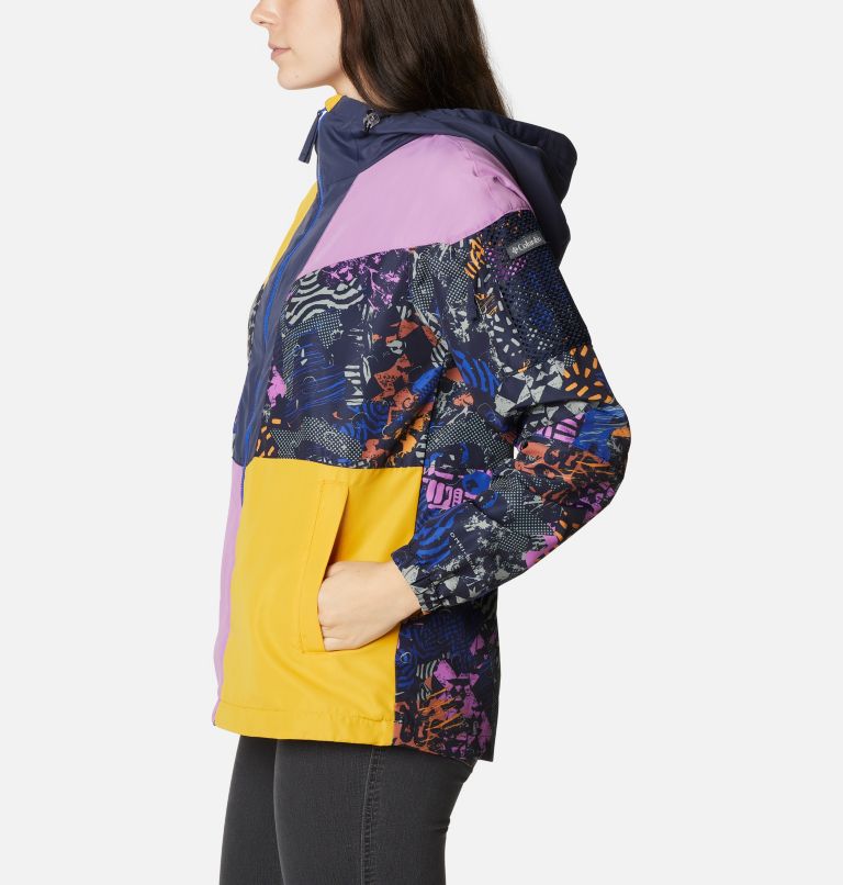 Women's Wallowa Park Windbreaker, Color: Nocturnal, Blossom Pink, Bright Gold, image 3