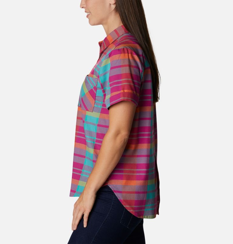 Women's Anytime Casual Stretch Short Sleeve Shirt, Color: Wild Fuchsia Madras