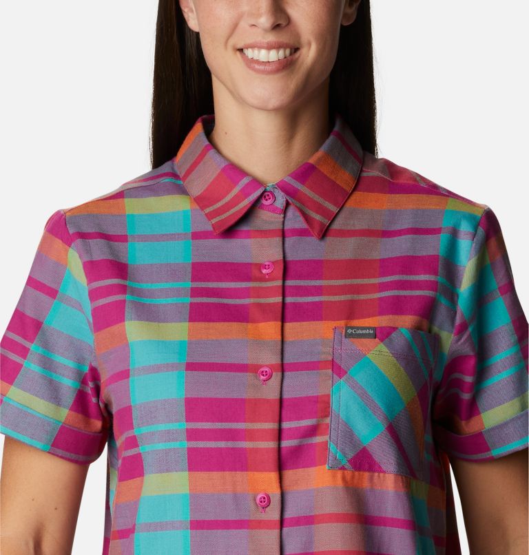 Women's Anytime Casual Stretch Short Sleeve Shirt, Color: Wild Fuchsia Madras, image 4