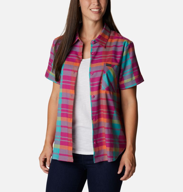 Women's Anytime Casual Stretch Short Sleeve Shirt, Color: Wild Fuchsia Madras