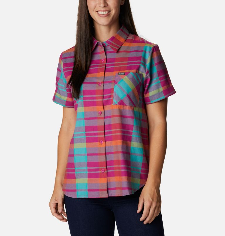 Women's Anytime Casual Stretch Short Sleeve Shirt, Color: Wild Fuchsia Madras, image 1