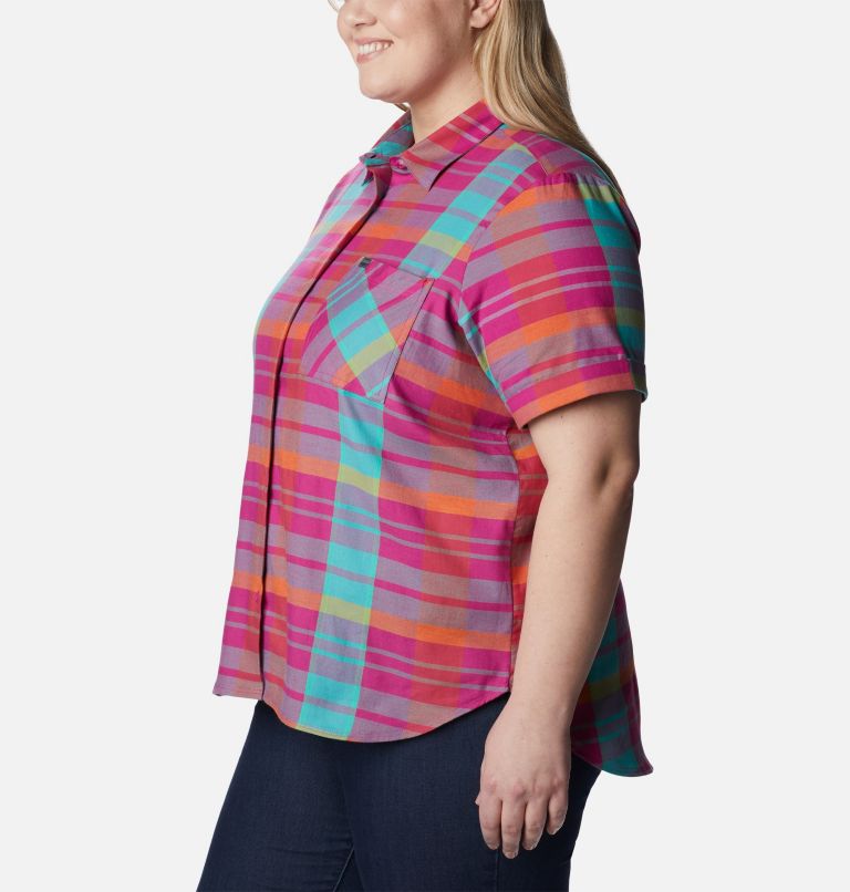 Chemise extensible à manches longues Anytime Casual Femme - Grandes tailles, Color: Wild Fuchsia Madras