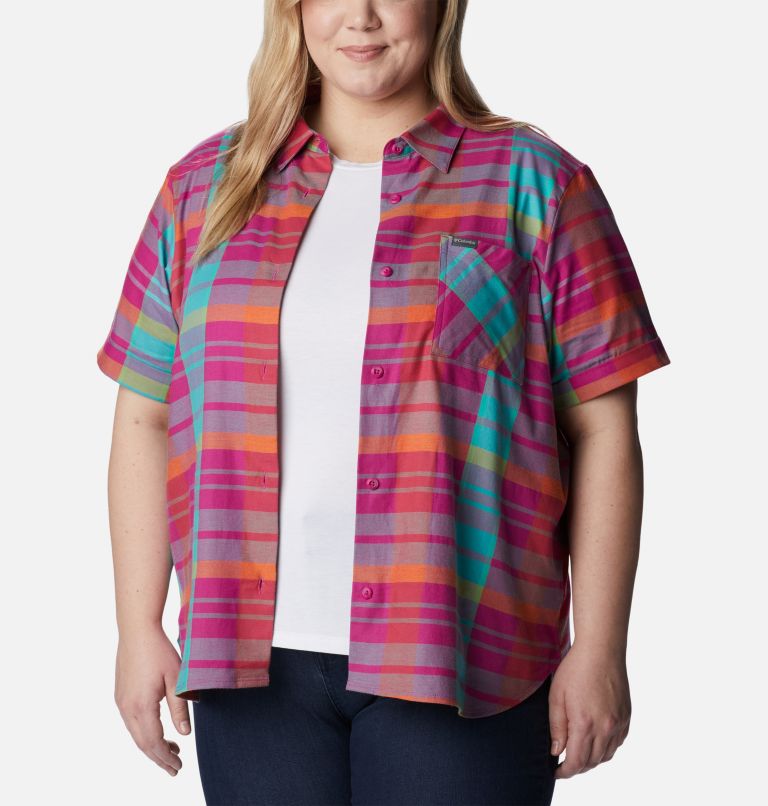 Women's Anytime Casual Stretch Short Sleeve Shirt - Plus Size, Color: Wild Fuchsia Madras