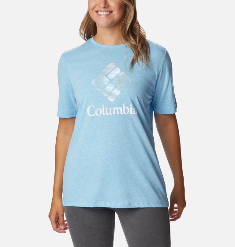 Women's Bluebird Day Relaxed T-Shirt, Color: Vista Blue Hthr, CSC Stacked Graphic, image 1