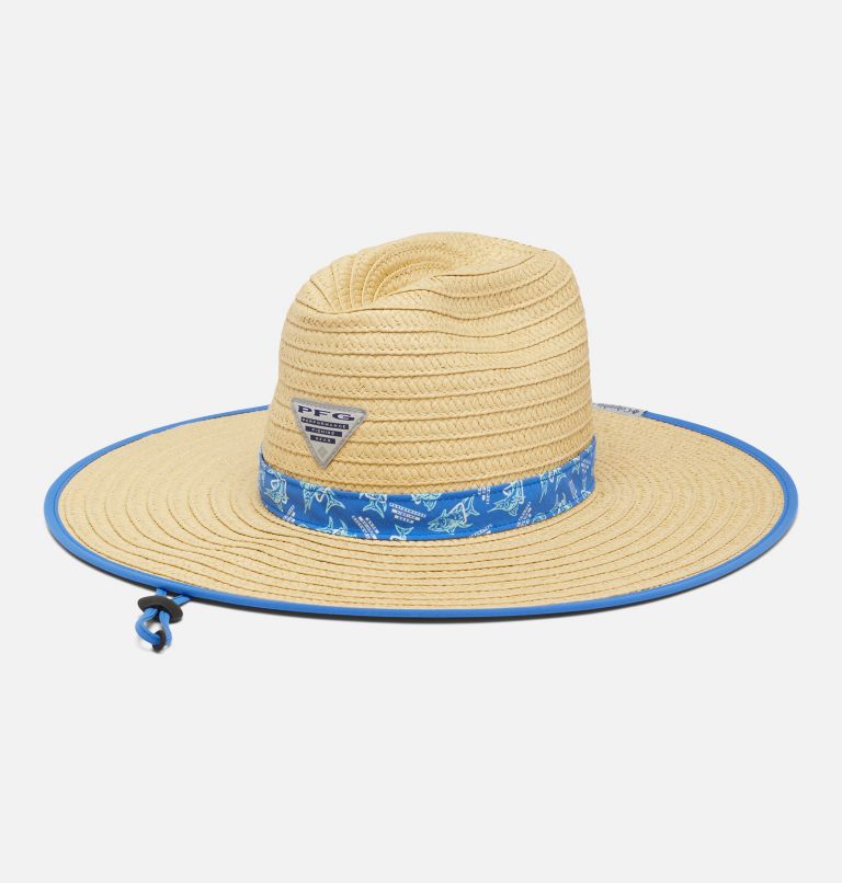 Thumbnail: PFG Baha Straw Hat, Color: Vivid Blue Triangler Print, image 1