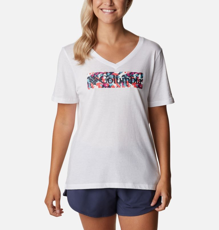 Thumbnail: Women’s Bluebird Day Casual Graphic T-Shirt, Color: White, Typhoon Blooms Framed, image 1