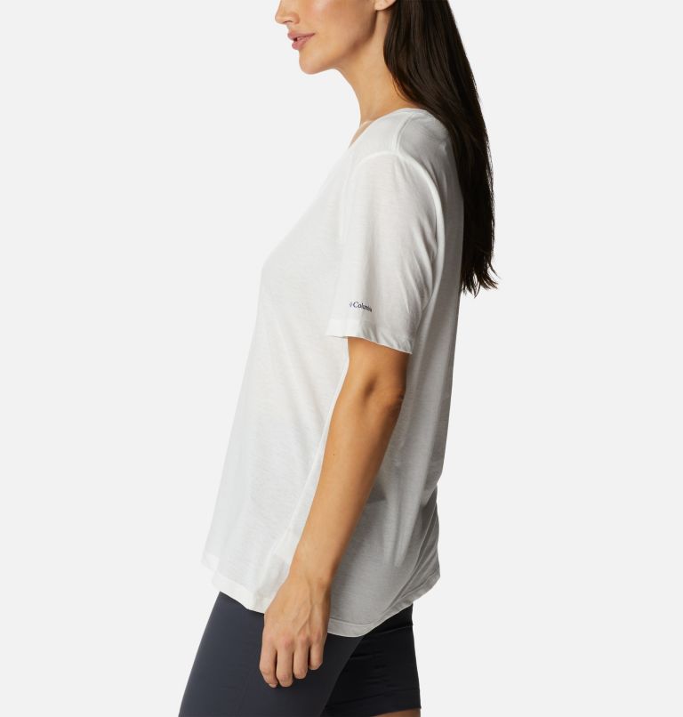 Women's Bluebird Day Relaxed V-Neck Shirt, Color: White, Jubilant Escape Graphic, image 3