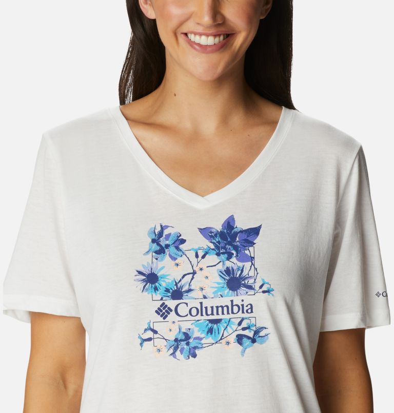 Thumbnail: Women's Bluebird Day Relaxed V-Neck Shirt, Color: White, Jubilant Escape Graphic, image 4