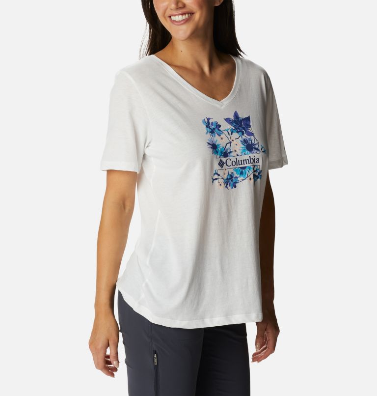 Thumbnail: Women's Bluebird Day Relaxed V-Neck Shirt, Color: White, Jubilant Escape Graphic, image 5