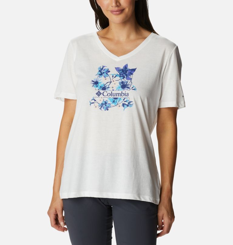 Women's Bluebird Day Relaxed V-Neck Shirt, Color: White, Jubilant Escape Graphic, image 1