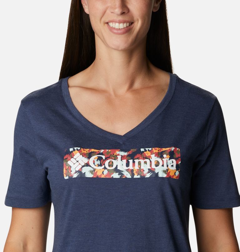 Women’s Bluebird Day Casual Graphic T-Shirt, Color: Nocturnal Heather, Typhoon Blooms Framed, image 4