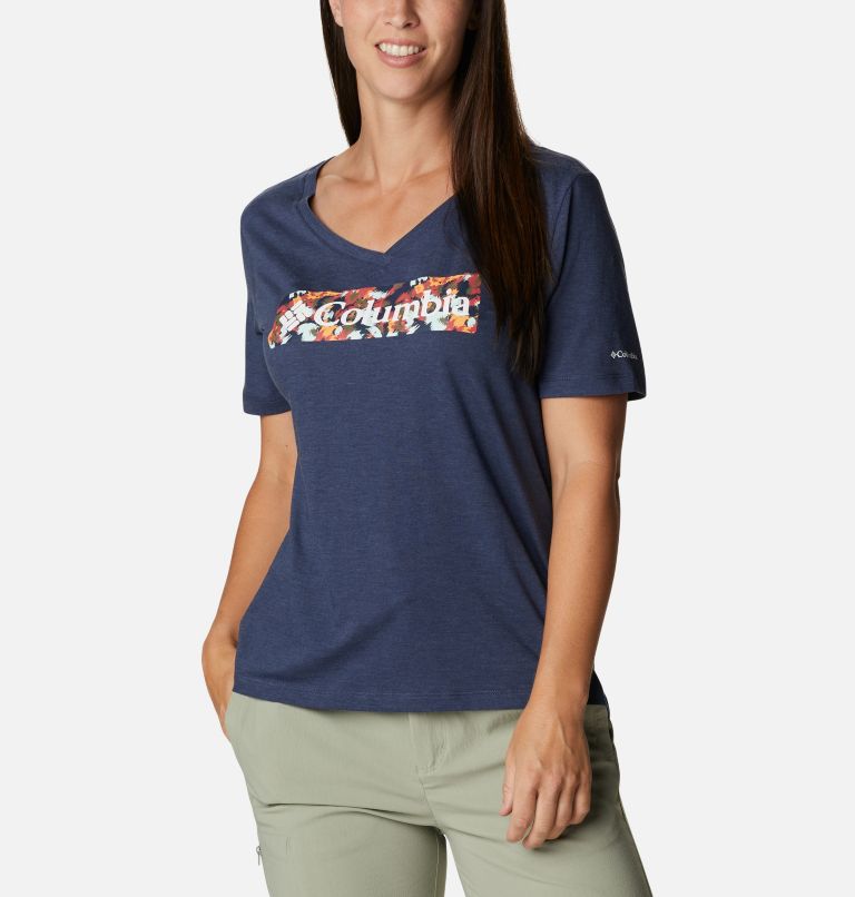Bluebird Day Casual Graphic T-Shirt für Frauen, Color: Nocturnal Heather, Typhoon Blooms Framed