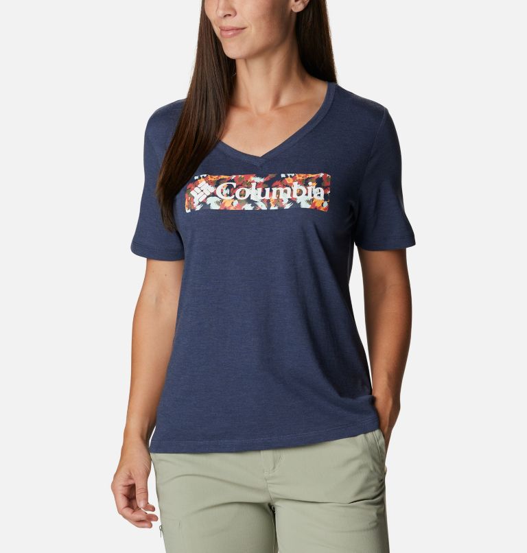 T-shirt grafica e casual Bluebird Day da donna, Color: Nocturnal Heather, Typhoon Blooms Framed, image 1