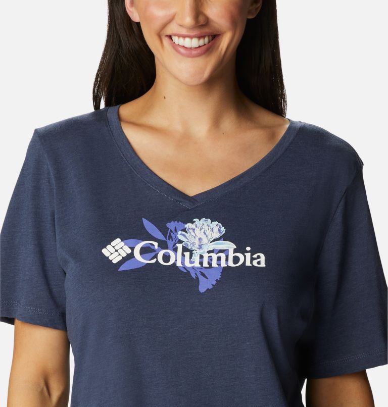 Thumbnail: Women’s Bluebird Day Casual Graphic T-Shirt, Color: Nocturnal Hthr, Jubilant Flower Graphic, image 4