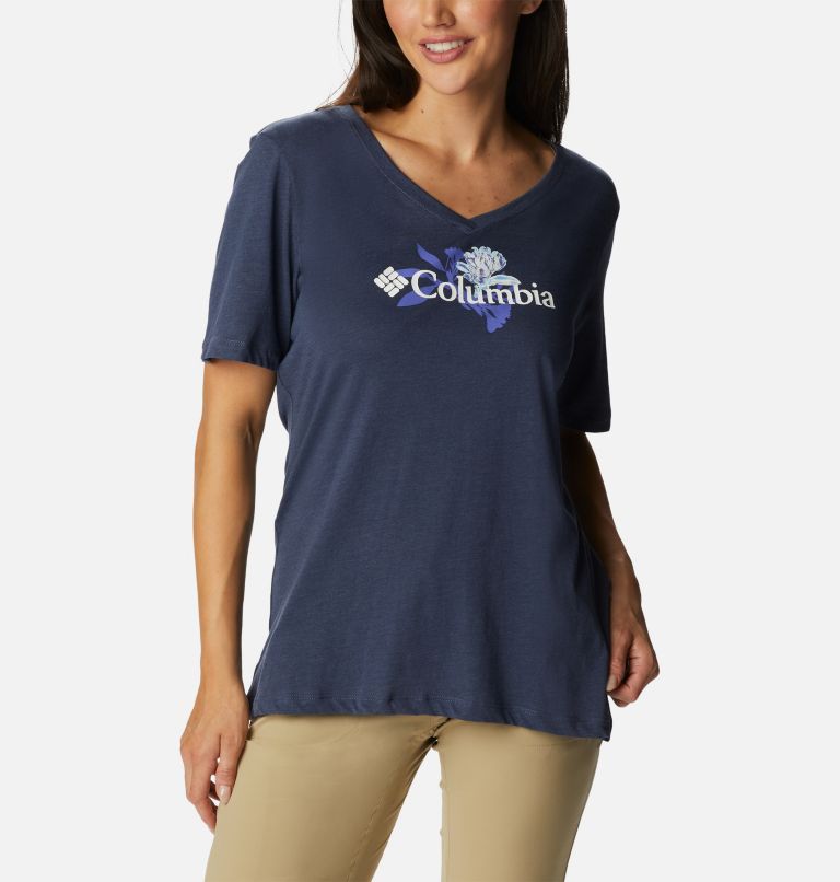 Bluebird Day Relaxed V Neck | 470 | L, Color: Nocturnal Hthr, Jubilant Flower Graphic, image 5