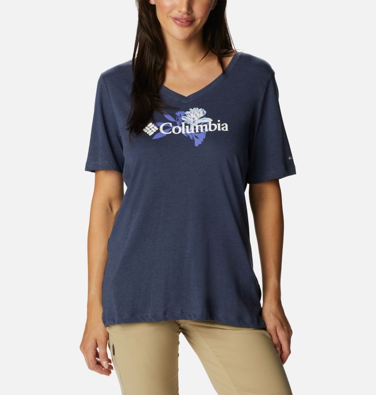 Thumbnail: Bluebird Day Relaxed V Neck | 470 | L, Color: Nocturnal Hthr, Jubilant Flower Graphic, image 1