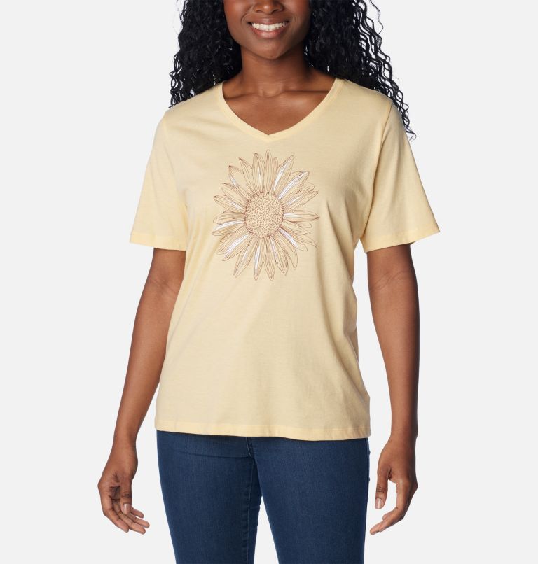 Women’s Bluebird Day Casual Graphic T-Shirt, Color: Sunkissed Heather, Flower Power, image 1