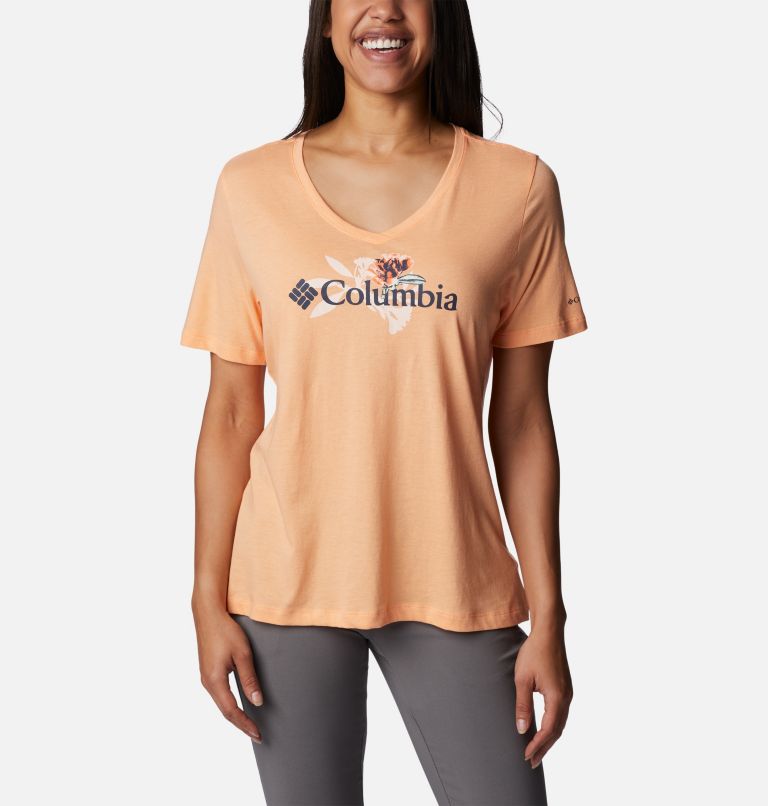 Camiseta casual estampada Bluebird Day para mujer, Color: Peach Hthr, Jubilant Flower Graphic, image 1