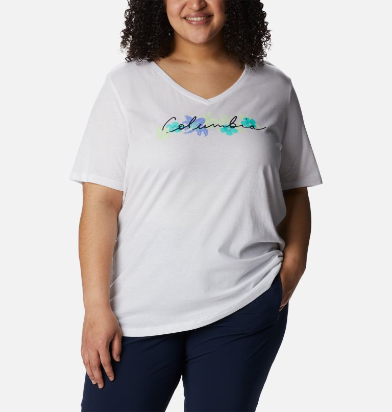Women's Bluebird Day Relaxed V- Neck Shirt - Plus Size, Color: White, Lakeshore Flora, image 5