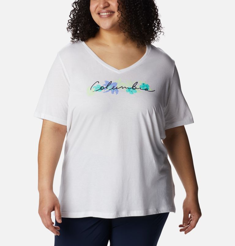 Women's Bluebird Day Relaxed V- Neck Shirt - Plus Size, Color: White, Lakeshore Flora, image 1