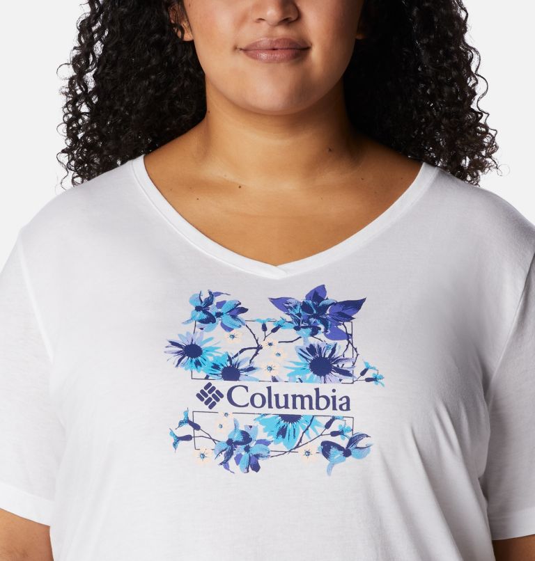 Thumbnail: Women's Bluebird Day Relaxed V- Neck Shirt - Plus Size, Color: White, Jubilant Escape Graphic, image 4