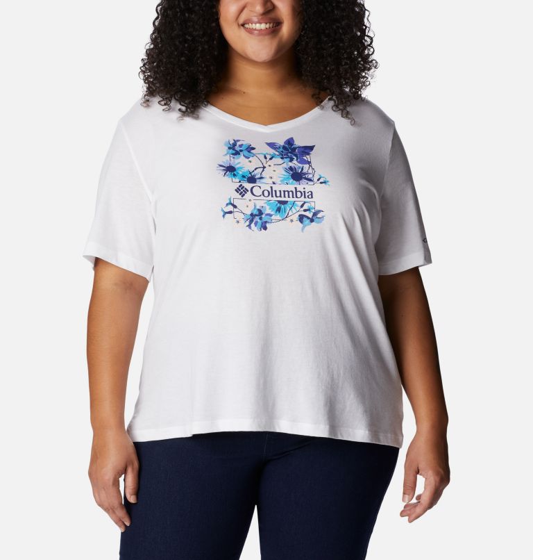 Women's Bluebird Day Relaxed V- Neck Shirt - Plus Size, Color: White, Jubilant Escape Graphic, image 1