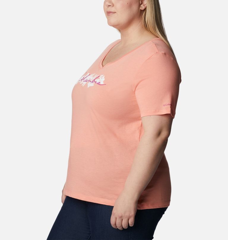 Women's Bluebird Day Relaxed V- Neck Shirt - Plus Size, Color: Coral Reef Heather, Lakeshore Flora, image 3