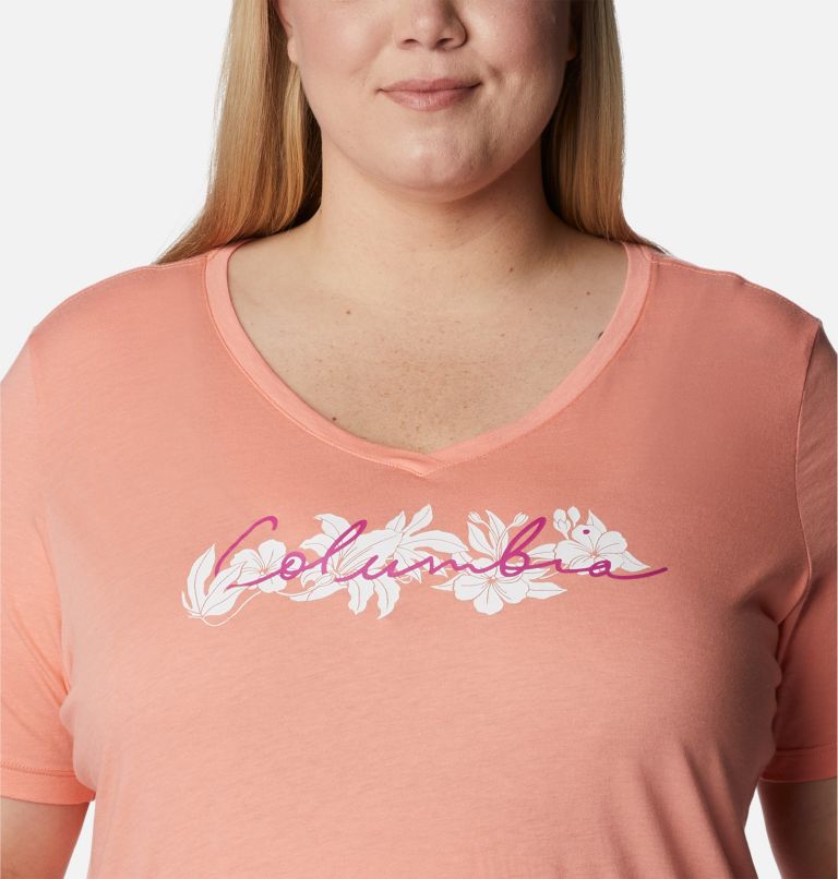 Women's Bluebird Day Relaxed V- Neck Shirt - Plus Size, Color: Coral Reef Heather, Lakeshore Flora, image 4