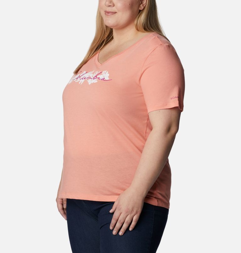 Thumbnail: Women's Bluebird Day Relaxed V- Neck Shirt - Plus Size, Color: Coral Reef Heather, Lakeshore Flora, image 5