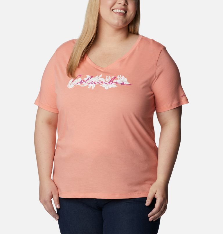 Women's Bluebird Day Relaxed V- Neck Shirt - Plus Size, Color: Coral Reef Heather, Lakeshore Flora, image 1