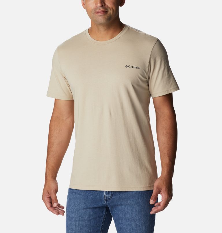 Camiseta de algodón orgánico Rapid Ridge II para hombre, Color: Ancient Fossil, Campsite Icons Graphic, image 1