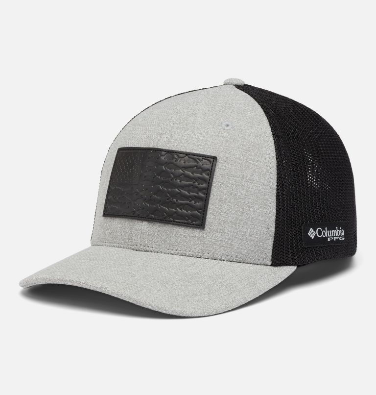 PFG Mesh Leather Fish Flag Ball Cap, Color: Cool Grey Heather, Black, image 1