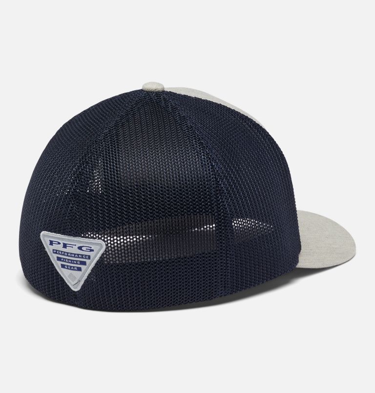 Thumbnail: PFG Mesh Leather Fish Flag Ball Cap, Color: Ancient Fossil Heather, Collegiate Navy, image 2