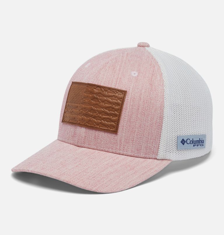 PFG Mesh Leather Fish Flag Ball Cap, Color: Sunset Red Heather, Chalk, image 1