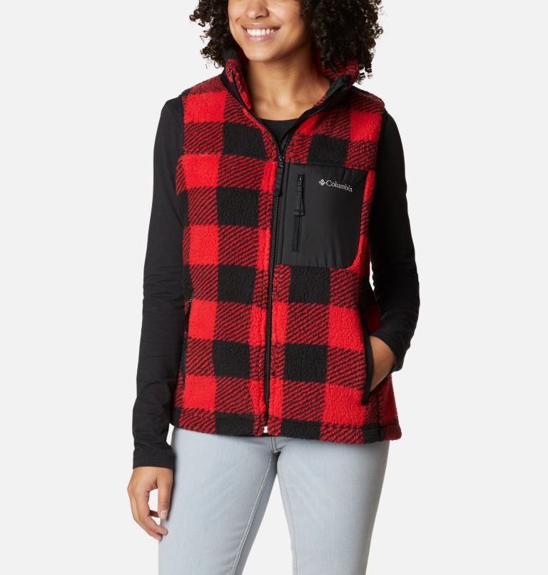 Thumbnail: Women's West Bend Sherpa Fleece Gilet, Color: Red Lily Check Print, image 1